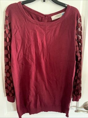 sparrow Wine Knit Top with Sheer Polka-Dot Sleeves